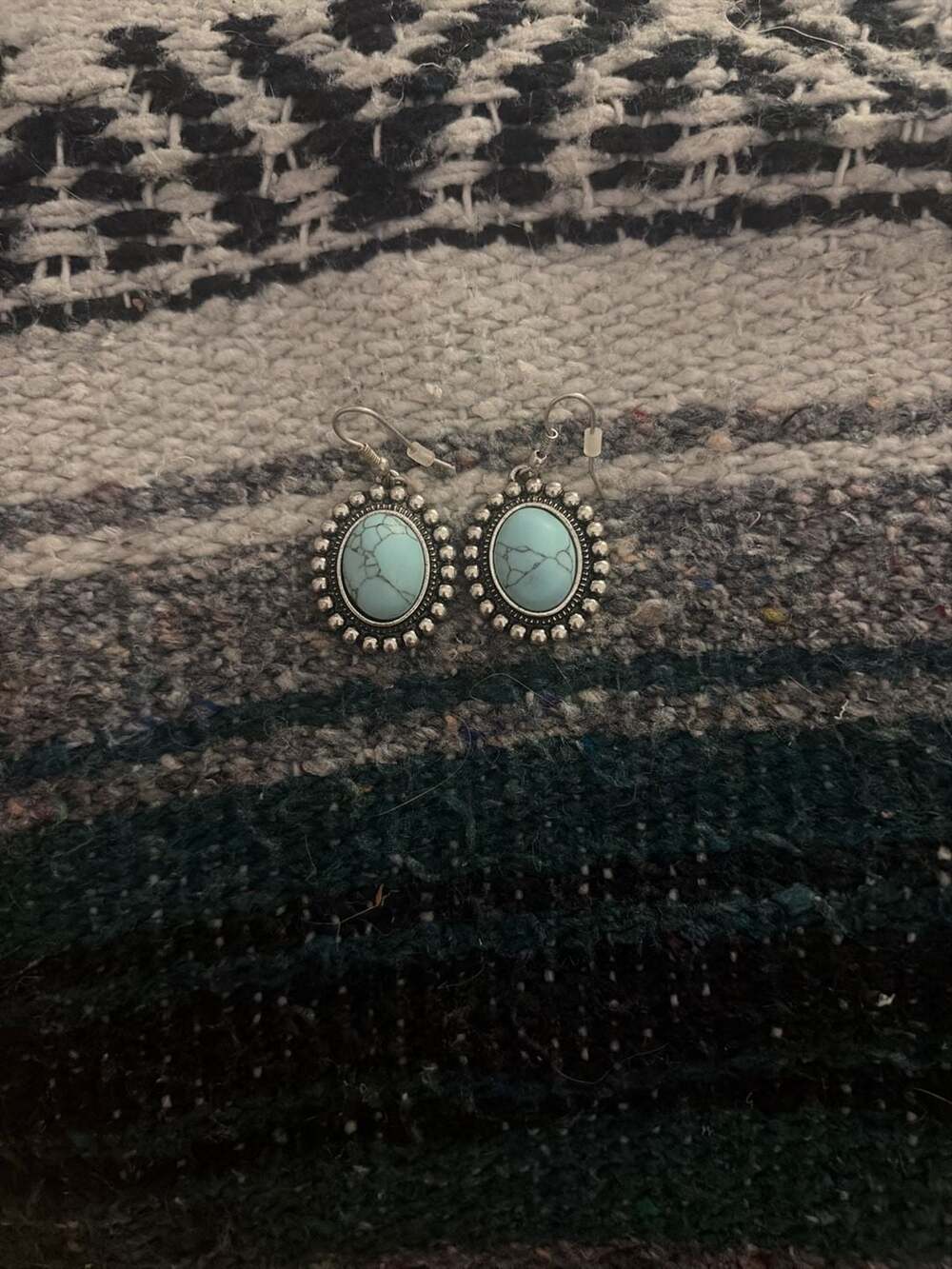 Southwestern Style Oval Turquoise Stone Silver Tone Dangle Earrings